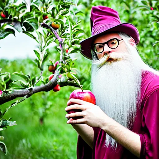 Image similar to beautiful professional photograph of a wizard with a very long white beard, brewing brewing!!!, potions!!!, elixirs, potions!!! potions, in an apple orchard