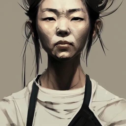 Image similar to portrait of a short muscular Japanese woman with a short ponytail wearing a gray t shirt and a work apron, dramatic lighting, illustration by Greg rutkowski, yoji shinkawa, 4k, digital art, concept art, trending on artstation