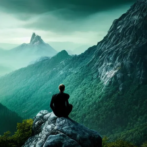 Image similar to a man sitting on top of a beautiful mountain, fantasy landscape, stunning detail, ominous energy in front of him, back shot angle