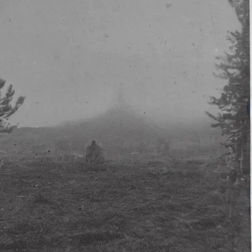 Image similar to old photo of a creepy landscape, scary figure in the distance