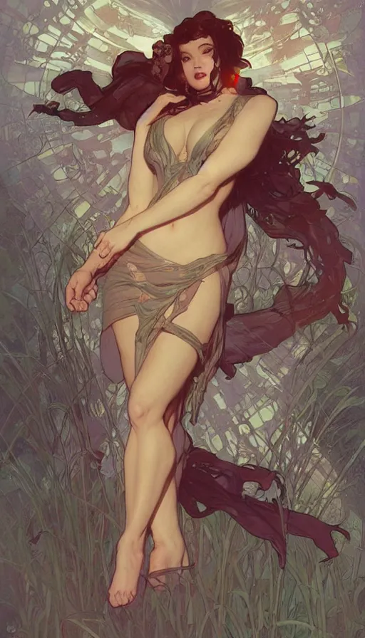 Image similar to seraphine in a cute pinup pose by artgerm, greg rutkowski and alphonse mucha, concept art, matte, intricate, full body, epic composition