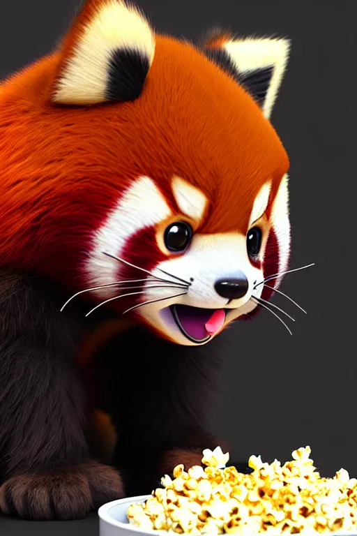 Image similar to high quality 3 d render hyperrealist very cute happy red panda & cat hybrid eating popcorn, vray smooth, detective pikachu, very dramatic light, low angle, uhd 8 k, shallow depth or field