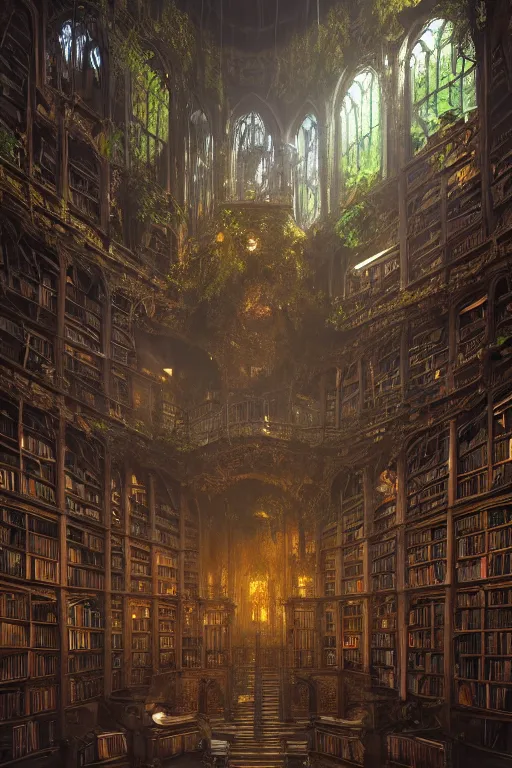 Prompt: decaying interior of an ( ( old library ) ) with a rainforest growing inside, highly detailed, mystical cathedral windows, glowing candles, intricate detail, beautiful 3 d rendering, octane render, hyperrealistic, trending on artstation, by greg rutkowski and simon stalenhag