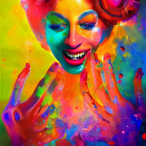 Image similar to A colorful painting of a joyful female artist playing with her creativity in the infinite loving universe by Brenda Zlamany and Craig Wylie, Trending on artstation, studio lighting