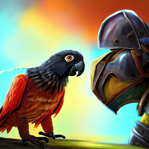 Prompt: Myiopsitta monachus parrot fights against medieval knight. Magic, orange lighting, flux. High fantasy, digital painting, HD, 4k, detailed.