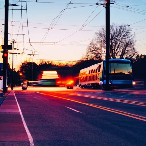 Prompt: transit bus driving through a small town during sunset