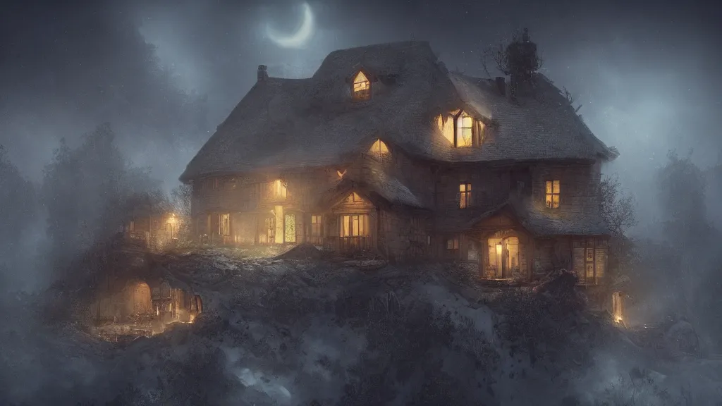Image similar to A dark shadowy cottage on a hilltop at night, by Bastien LeCouffe-Deharme, hyperrealistic, Cryengine 8k UHD