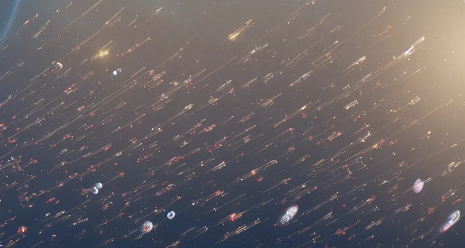 Prompt: a hundred passenger spaceships in formation migrating in outer space away from a dry brown planet, dutch angle from space view, concept art, high detail, intimidating, deep rich colors, iridescent radiance, epic scale ultrawide angle, stunning, epic, great migration, cinematic, Artstation trending, octane render, hyperrealistic, Cryengine 8k UHD