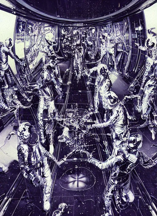 Image similar to astronauts in dark and empty mirrored room - complex and hyperdetailed technical suit. reflection and dispersion materials. rays and dispersion of light. volumetric light. 5 0 mm, f / 3 2. noise film photo. flash photography. ultra realistic, wide angle. poster by wayne barlowe, hajime sorayama aaron horkey, craig mullins