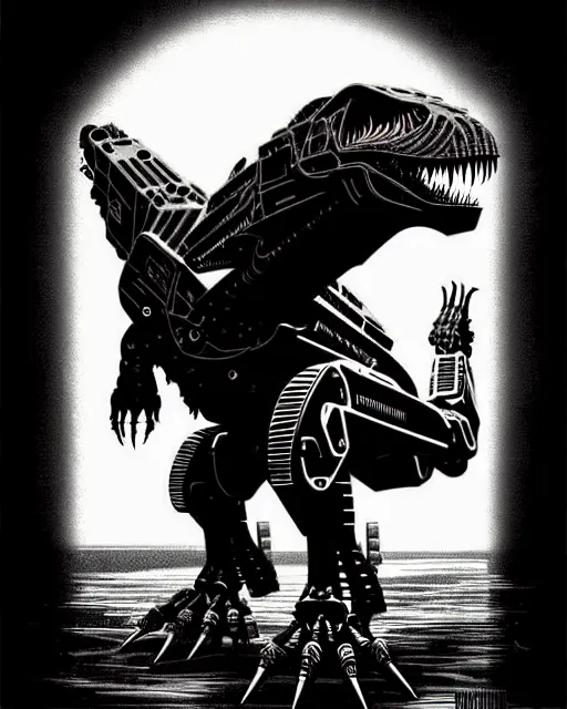 Prompt: a fierce mech cyborg t - rex dinosaur, transformer, high details, symmetry, bold line art, by vincent di fate and joe fenton, inking, etching, screen print, masterpiece, trending on artstation, sharp, high contrast, hyper - detailed,, hd, 4 k, 8 k