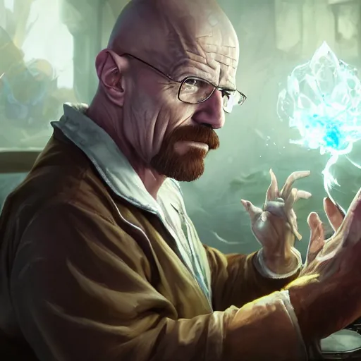 Image similar to portrait of walter white as an alchemist making potions, alchemy, league of legends amazing splashscreen artwork, dungeons and dragons, splash art, natural light, elegant, photorealistic facial features, intricate, fantasy, detailed face, atmospheric lighting, anamorphic lens flare, cinematic lighting, league of legends splash art, hd wallpaper, ultra high details by greg rutkowski