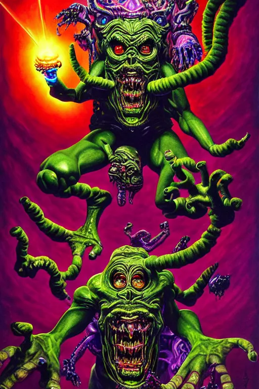 Prompt: a hyperrealistic painting of an epic boss fight against an ornate supreme telekinetic dark overlord, cinematic horror by chris cunningham, lisa frank, richard corben, highly detailed, vivid color,