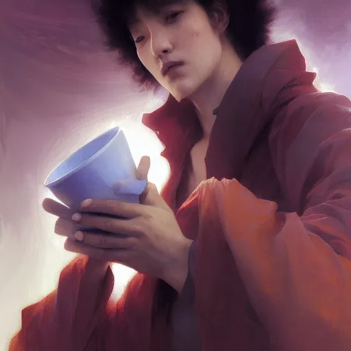 Image similar to A man drinking a cup of cosmic energy bright light, illustration by Ruan Jia and Mandy Jurgens and William-Adolphe Bouguereau, Artgerm, 4k, digital art, surreal, anime style, space dandy style, highly detailed, godsend, artstation, digital painting, concept art, smooth, sharp focus, illustration by Ruan Jia and Mandy Jurgens and William-Adolphe Bouguereau, Artgerm