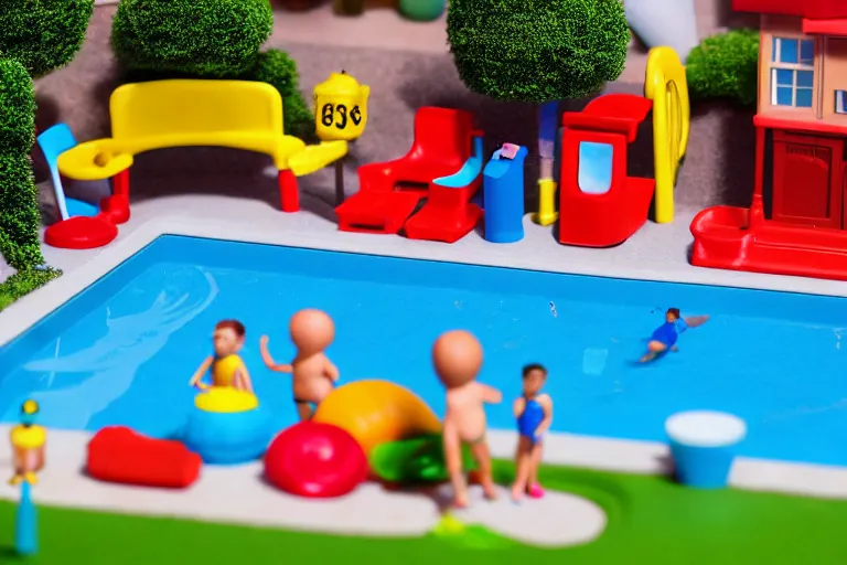 Image similar to fisher price public pool, california, in 2 0 1 5, 8 k, scene from tv show hyper detailed 5 5 mm 8 5 mm, toy photography, made out of plastic