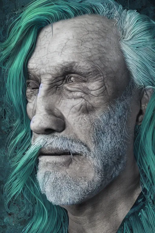 Prompt: portrait of a old man with cracked manatee skin. dark blue-green hair, shaved, dark flower pattern wallpaper background, high detail, by Eddie Mendoza