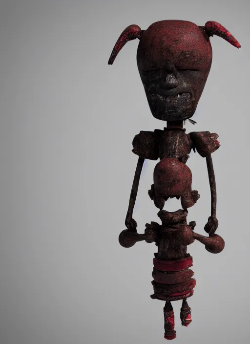 Image similar to an octane render of a voodoo doll, ritualistic, made of painted wood, leather, minimal statuette of a demon, volumetric lighting, beautiful design, hd render,