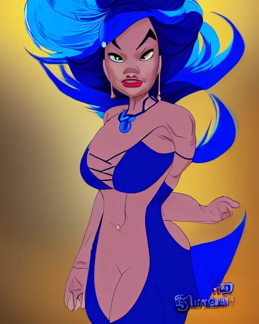 Image similar to welcoming heavy filipina woman character portrait, by don bluth, electric blue hair, wearing dark - blue, sci - fi environment, highly detailed, dynamic shadows, 4 k, wallpaper - 1 0 2 4