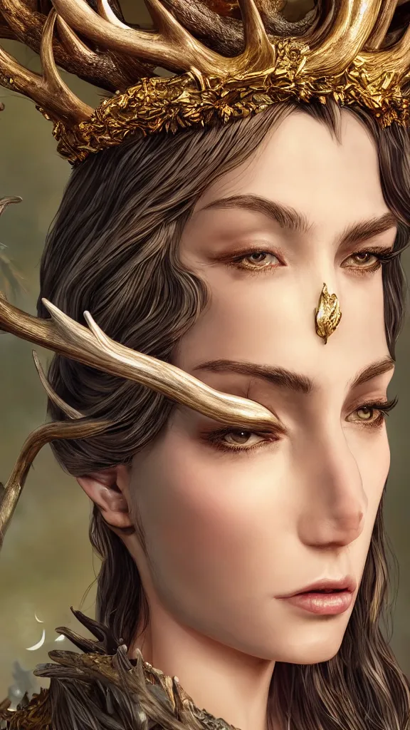 Image similar to highly detailed close up portrait of Artemis, goddess of the hunt and the moon, wearing a crown made of antlers, studio lightning, bright colors, intricate, masterpiece, photorealistic, hiperrealistic, sharp focus, high contrast, Artstation HQ, DeviantArt trending, 4k UHD, Unreal Engine 5