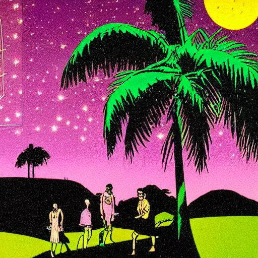 Prompt: ufo and aliens beaming up abducting cows along coast line pastures, summer night and palm trees. by patrick nagel, by norman rockwell, by virgil finlay minimalist lighting, precisionist, 1 0 0 0 0 mm. purple and green gammas.