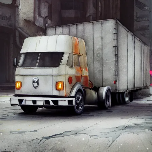 Image similar to redesigned old truck as new, elegant, digital painting, concept art, smooth, sharp focus, art style from Wang Ke and Greg Rutkowski and Bruce Kaiser and Scott Robertson and Dmitry Mazurkevich and Doruk Erdem and Jon Sibal, small style cue from Blade Runner and Minority Report and iRobots