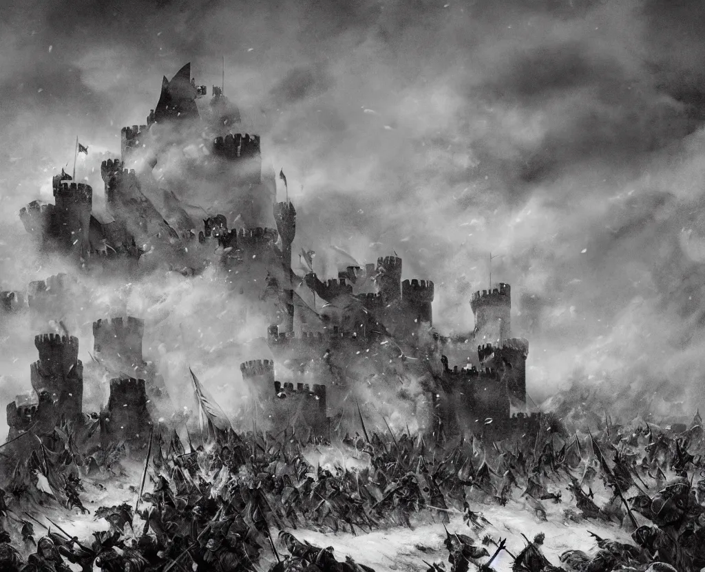 Prompt: Siege of a medieval castle in winter while two great armies face each other fighting below with banners and flags, catapults throw stones at the castle destroying its stone walls, heavy snow storm, fantasy, medieval, fire and explosions and grey smoke here and there, a huge dragon half covered by clouds of smoke and fog is lightly seen flying in the sky and throwing fire through its jaws, trending on Artstation, detailed oil on canvas painting by greg rutkowski and Raoul Vitale