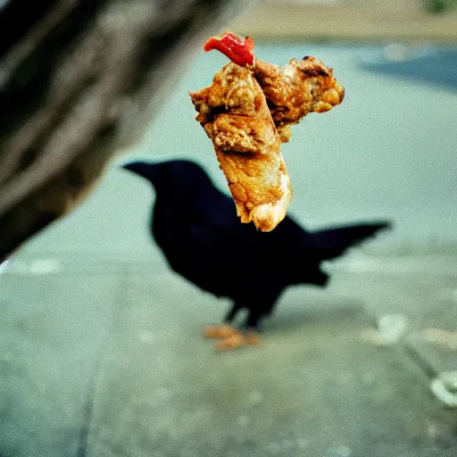 Prompt: photo of a crow eating a chicken wing, cinestill, 800t, 35mm, full-HD