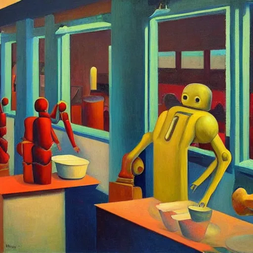 Image similar to robots queue up to eat ice cream, grant wood, pj crook, edward hopper, oil on canvas