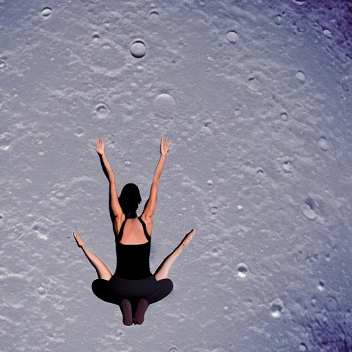 Prompt: female yoga instructor on a surface of the moon, earth planet visible in the distance