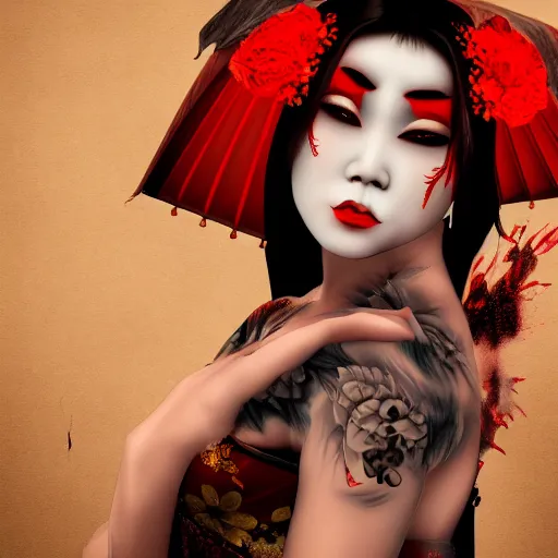 Image similar to demon geisha, beautiful, scary, cinematic, high detail, 8k,