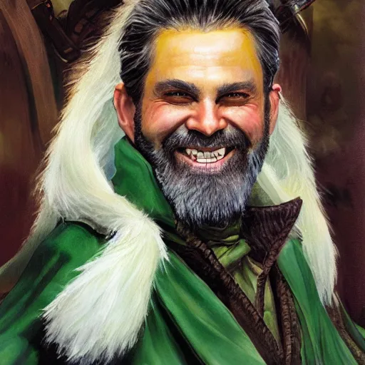 Prompt: beautiful portrait painting of a very short and small male halfing bard with brown hair with some grey hairs, wearing very fancy green cape, full beard, ridiculous smile, from pathfinder, evil smirk, narcissist, self centered, casting fireball, painted by larry elmore, wayne reynolds, greg rutkowski, magic the gathering, dungeons and dragons, dishonored 2