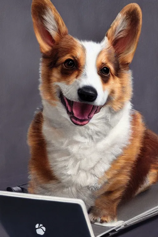 Image similar to Corgi on laptop studying for Medical School, oil on canvas, intricate, portrait, 8k highly professionally detailed, HDR, CGsociety