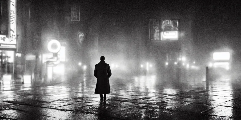 Image similar to a cinematic movie shot of a man in a trench coat walking down a foggy city street at night, wet streets, in the style of blade runner