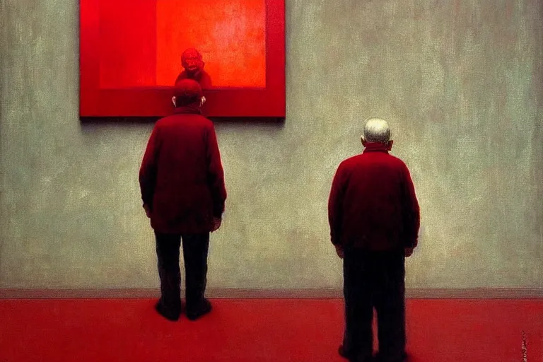 Prompt: only with red, a red old man try to sell a portrait, cheering crowd, in the style of beksinski, parts by edward hopper, parts by rodcenko, parts by yue minjun, intricate and epic composition, red by caravaggio, insanely quality, highly detailed, masterpiece, red light, artstation, 4 k