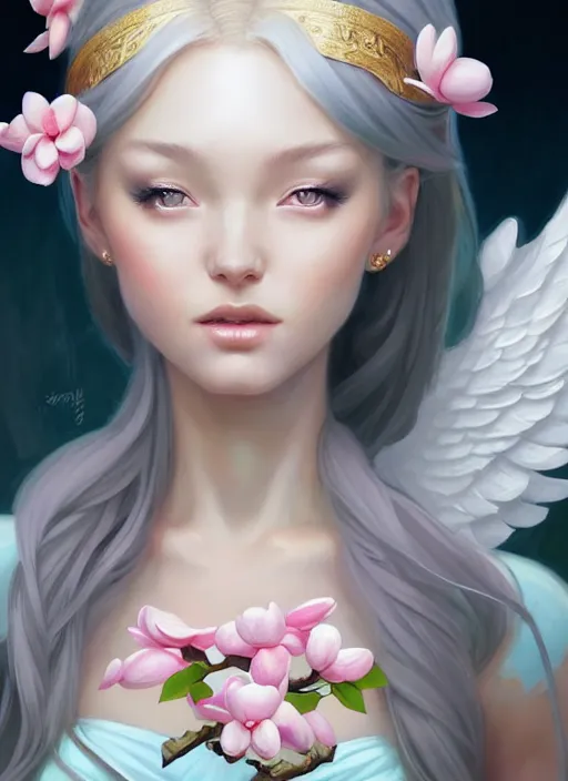 Image similar to character concept art of a goddess of magnolias as angelic young female | | seductive - fine - face, pretty face, key visual, realistic shaded perfect face, fine details by stanley artgerm lau, wlop, rossdraws, james jean, andrei riabovitchev, marc simonetti, and sakimichan, trending on artstation