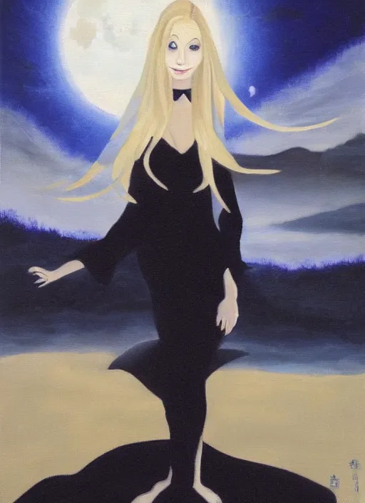 Prompt: portrait of beautiful blonde woman as a Dark evil witch, big moon in the background, oil painting by Shimoda, Hikari