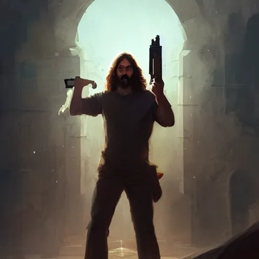 Image similar to jesus with a gun, cinematic lighting, highly detailed, concept art, art by wlop and artgerm and greg rutkowski, masterpiece, trending on artstation