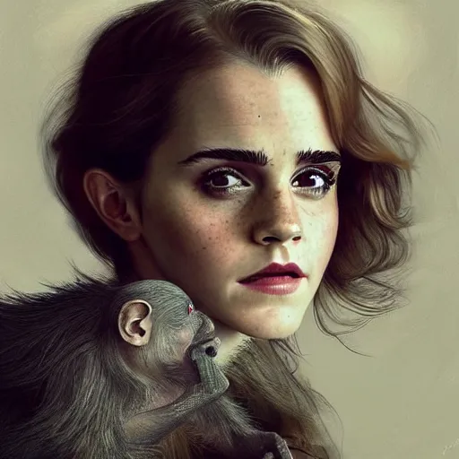 Prompt: A beautiful portrait of Very funny actress Emma Watson looking like an old monkey, Emma Watson actress blended monkey face, like , powerful , magic, thunders, dramatic lighting, intricate, wild, highly detailed, digital painting, artstation, concept art, smooth, sharp focus, illustration, art by artgerm and greg rutkowski and alphonse mucha, footage