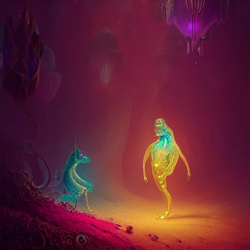 Image similar to candy iridescent creature in candyland, backlit, warm tones, bioluminescent : by michal karcz, daniel merriam, victo ngai and guillermo del toro : ornate, dynamic, particulate, intricate, elegant, highly detailed, centered, artstation, smooth, sharp focus, octane render