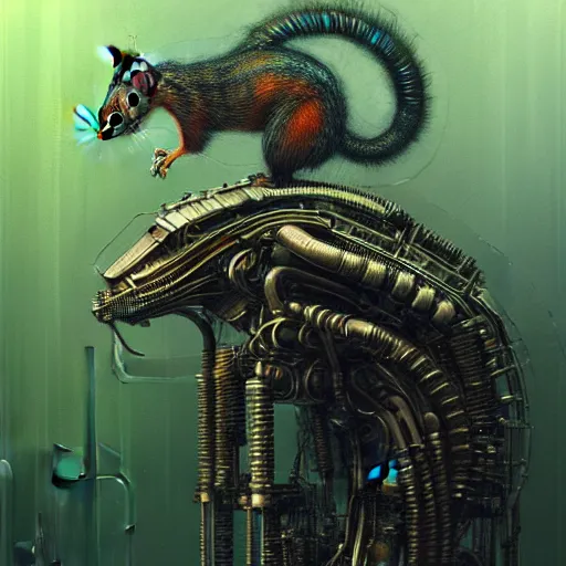 Image similar to a highly detailed long shot photo, cyberpunk mechanical squirrel, by ayami kojima, beksinski, giger, intricate, digital painting, artstation, intricate, concept art, smooth, sharp focus, illustration