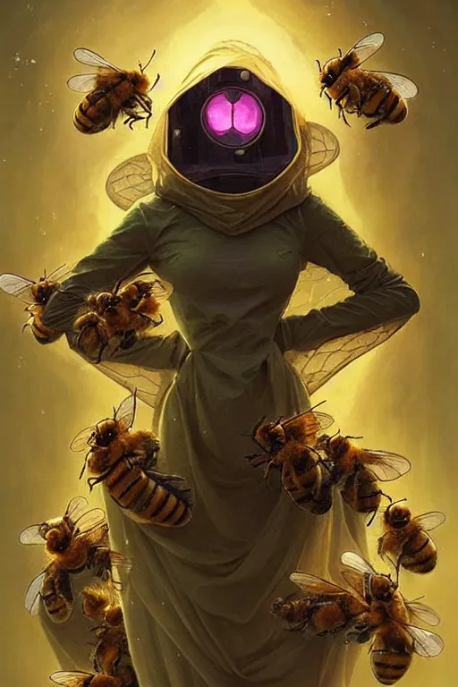 Image similar to fantasy beekeeper, stunning woman, wearing nanotech honeycomb robe, silky, surrounded by bees, futuristic, sci-fi, cinematic, greg rutkowski, peter mohrbacher