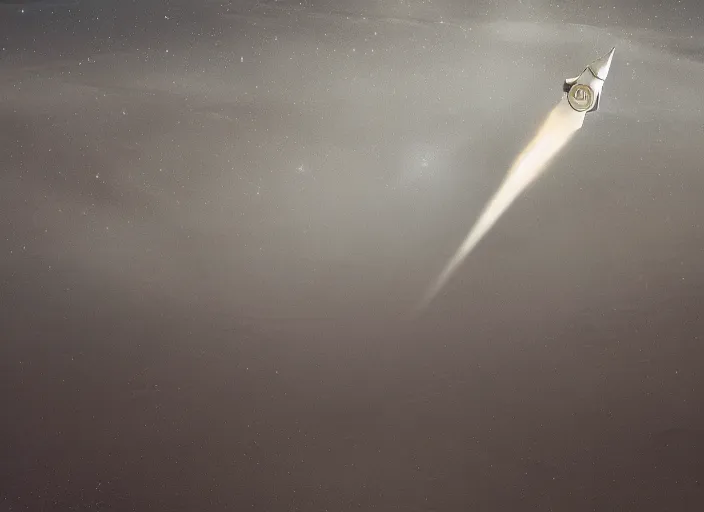 Prompt: a pure silver minimalist rocket has landed on a desert, minimalist design, by jean delville and sophie anderson and mandy jurgens and ralph mac quarrie, retrofuturism, immaculate scale, moody atmosphere, cinematic atmospheric, cinematic lighting, golden ratio, perfect composition, elegant, no crop, extremely detailed, 4 k, hd, sharp focus, masterpiece, trending on artstation