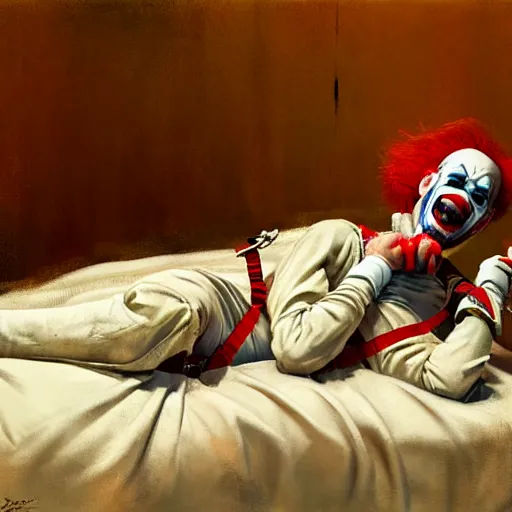 Image similar to hysterical and crazy clown lying in hospital bed with wrist restraints on, restraints straps attached to hospital bed siderails, greg rutkowski, photograph, 8 k