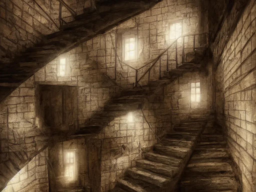 Prompt: look down a cellar staircase, digital painting, concept art, smooth, sharp focus, hyperrealistic, illustration, artstation trending, octane render