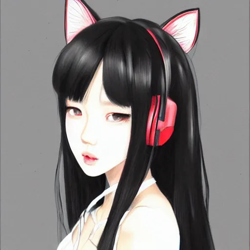 Image similar to realistic beautiful gorgeous natural cute Blackpink Lalisa Manoban black hair cute fur black cat ears, wearing white camisole, headphones, black leather choker artwork drawn full HD 4K highest quality in artstyle by professional artists WLOP, Taejune Kim, Guweiz on Artstation Pixiv