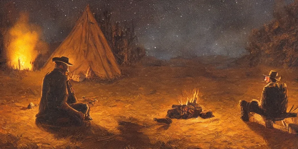 Image similar to in the old west, at a campfire at night, close up portrait of one sleeping bandit ( ( alone ) and wide shot of one teenager ( ( alone ) ) watches the stars and his horse grazes, in the style of fredrick remington, oil painting, warm color palate, astral