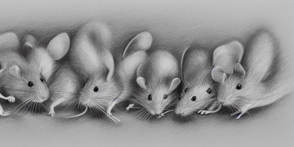 Prompt: a beautiful pencil drawing of exactly four!!!!! cartoon mice; masterpiece; extremely highly detailed; ultra-realistic; trending on artstation
