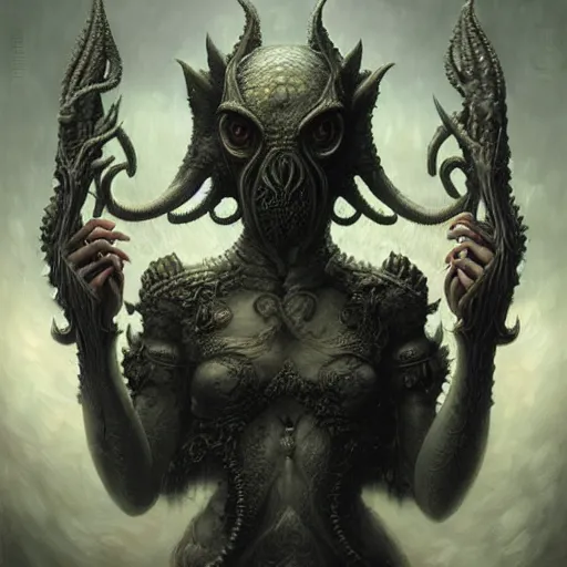 Image similar to by Tom Bagshaw, ultra realist soft painting of lovecraft universe of curiosities, single female Cthulhu mutation in ornated gothic armor, partial symmetry accurate features, very intricate details, focus, curvy, award winning, ultra dense fog