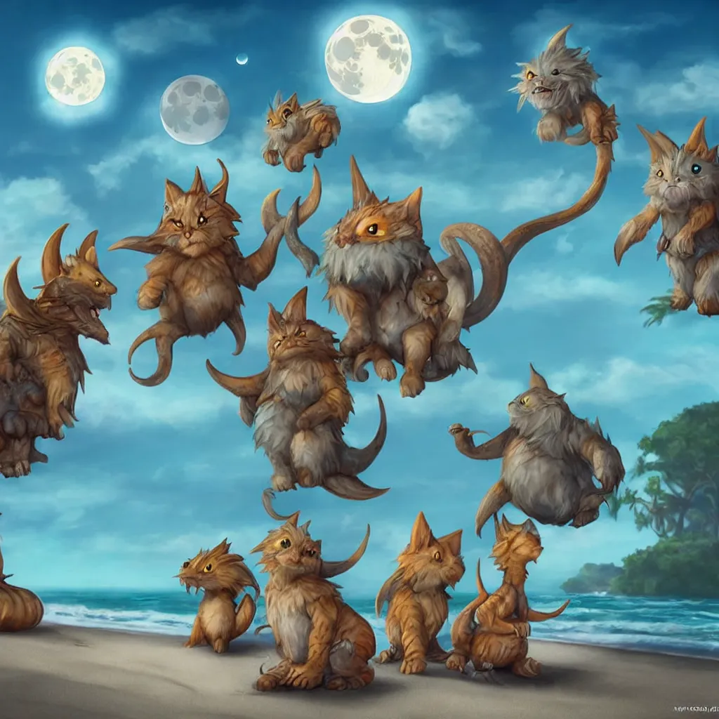 Image similar to cute fantasy critters at a beach looking at the moon, ultra realistic, concept art, highly detailed