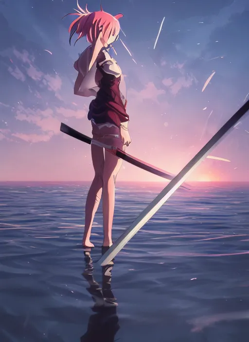 Image similar to anime girl with a katana walking on water, ripples, backdrop of dawn, saturn in the background, low angled illustration from demon slayer from genshin impact from jujutsu kaisen, concept art, anime, key visual, trending pixiv fanbox by wlop and greg rutkowski and makoto shinkai and studio ghibli
