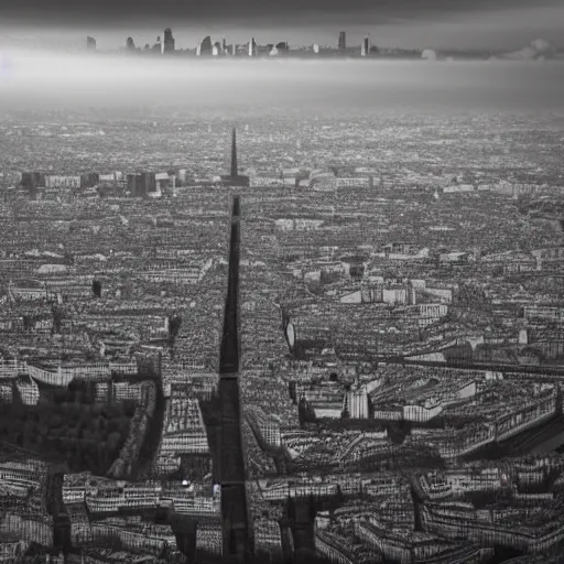 Image similar to paris city during apocalypse, volumetric light, scenic view, profound dark scary